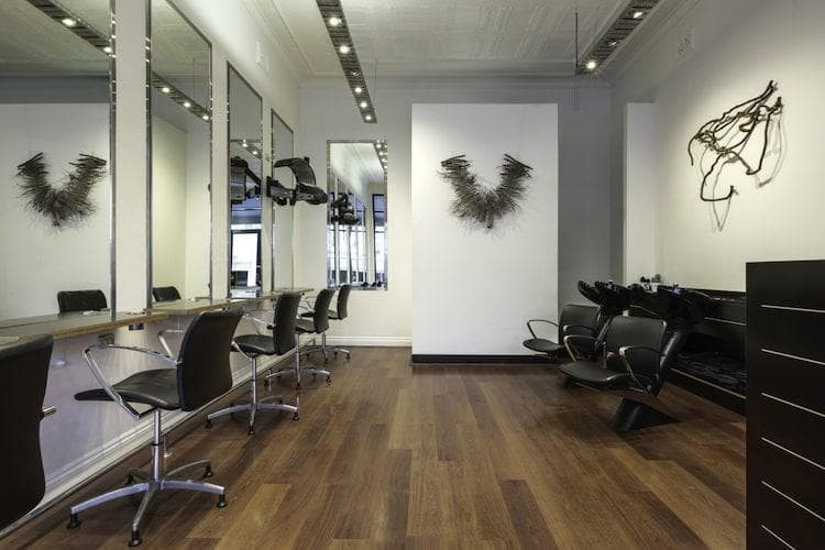 Interior of Wildlife Studio salon featuring wooden sculpture art, colourful Davines products on shelves, and cosy styling stations