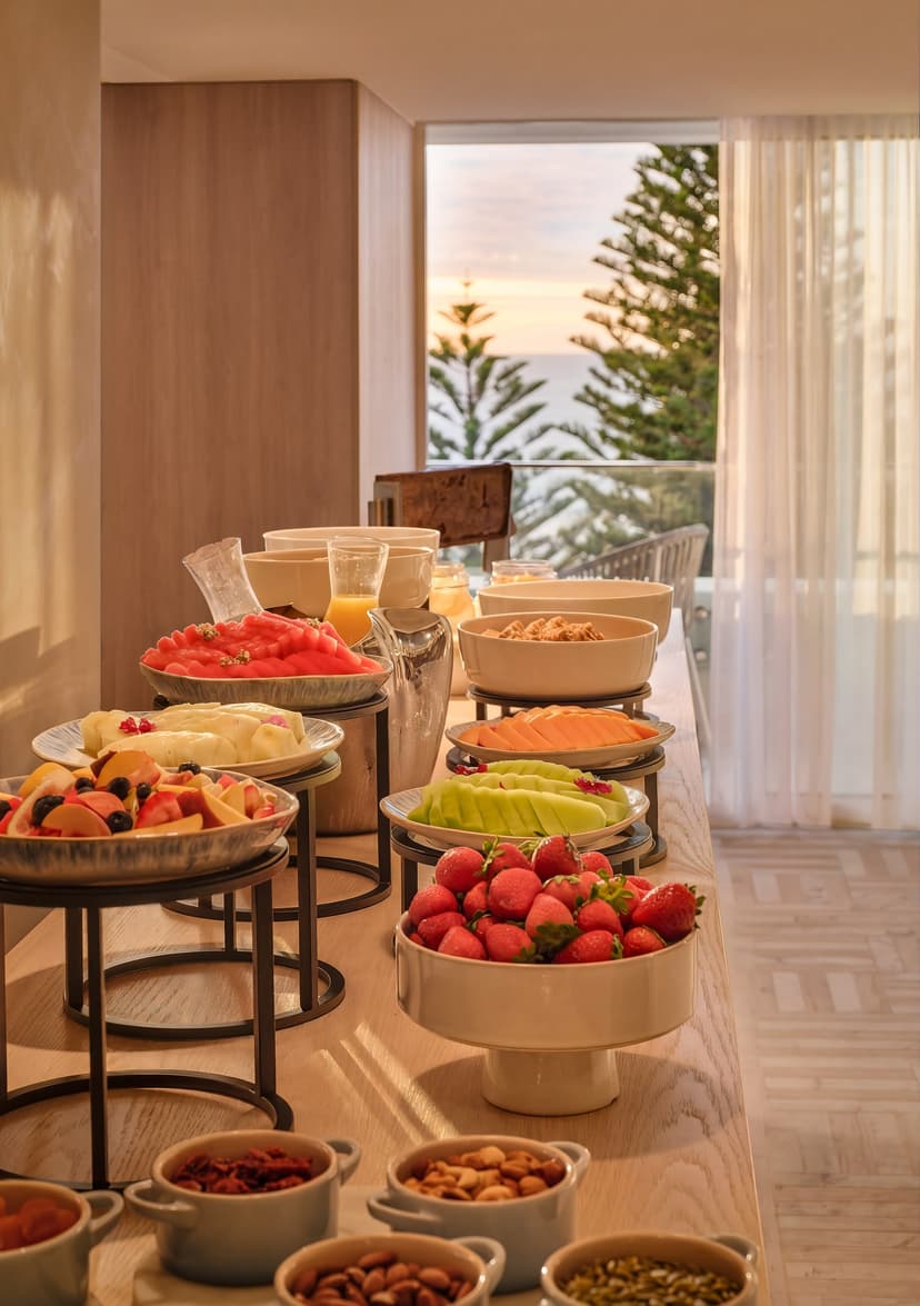 The breakfast buffet at Shutters, carved tropical fruit and pastries with the sunrise through the window