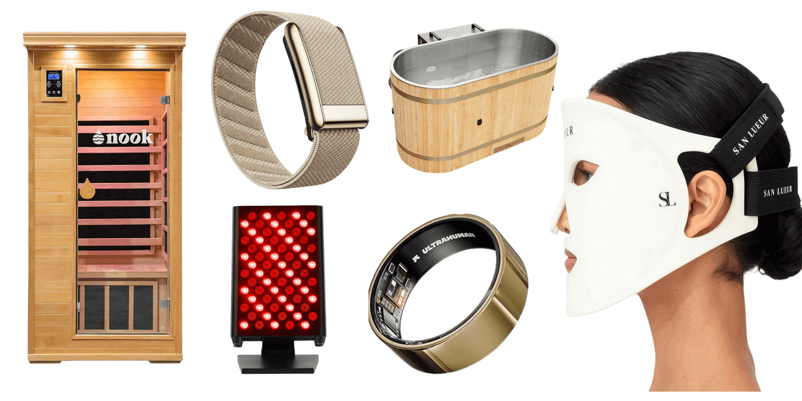 Wellness technology flat lay featuring a Nook infrared sauna, BON CHARGE red light panel, Ultrahuman Ring AIR, cold plunge tub, wearable tracker and San Lueur LED mask