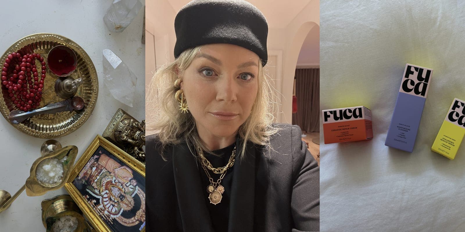 Colette Harvey wearing a black beret and gold jewellery