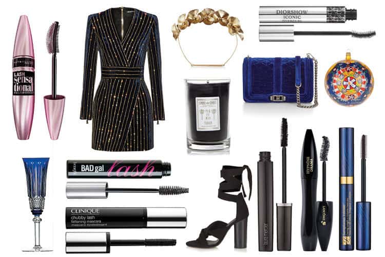 Selection of premium volumising mascaras including Benefit, Lancôme, Clinique and Estée Lauder with party styling accessories