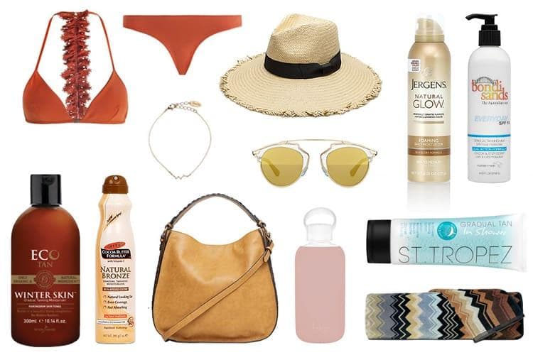 Flat lay of gradual tanning products with seasonal fashion accessories and sunglasses on neutral background