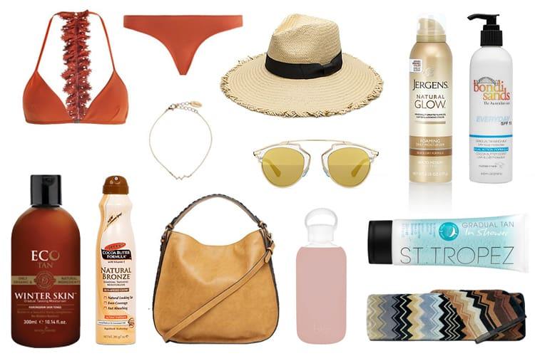 Flat lay of gradual tanning products with seasonal fashion accessories and sunglasses on neutral background