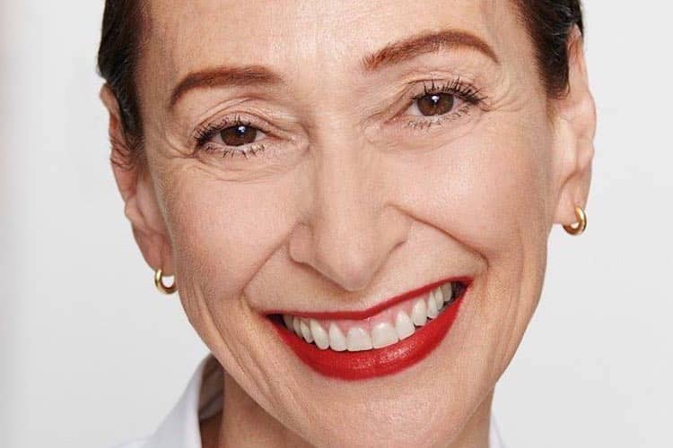 Rose-Marie Swift demonstrates skincare application technique on mature skin with natural lighting