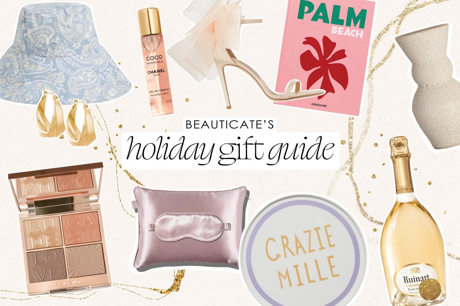 Curated luxury Christmas gift collection featuring swimwear, skincare, accessories and champagne on marble surface