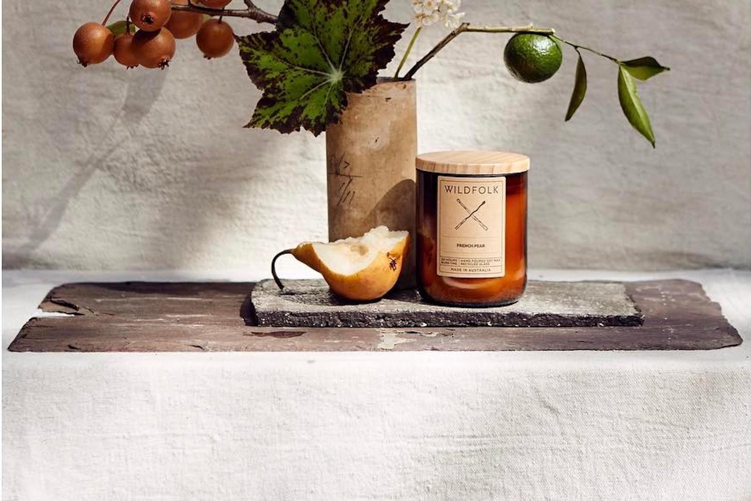 Collection of premium Australian candles in glass vessels with minimalist labels, displayed together