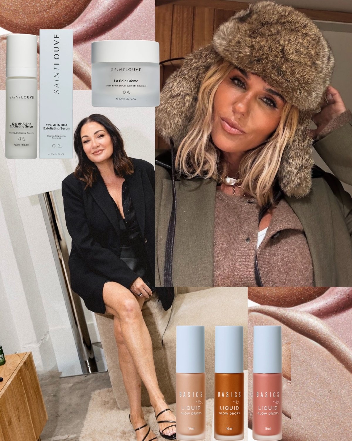 A collage of makeup artist Kerrie Gentle, the Saint Louve serums and La Soie Creme, Basics by B Liquid Glow Drops, and a glowy-skinned client