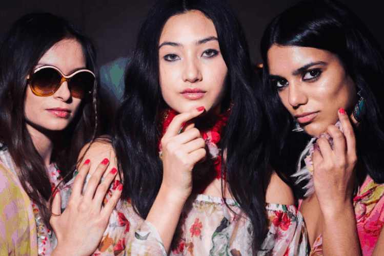 Collection of spring nail designs featuring pastel khaki, neon coral and squaoval shaped nails with gel polish finishes