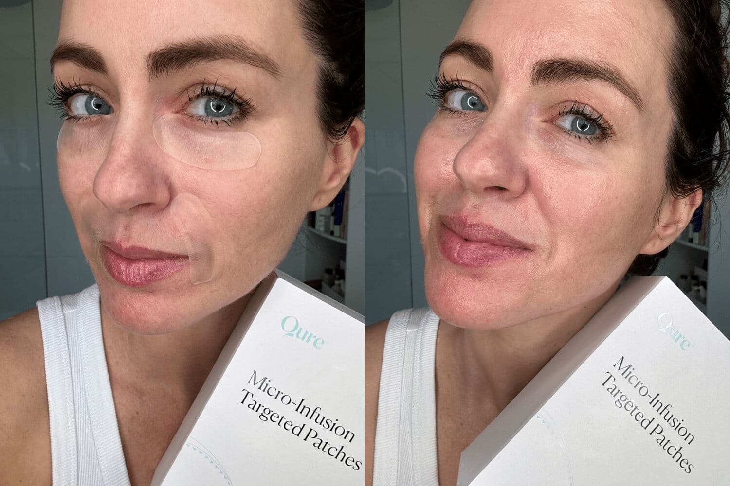 Sigourney Cantelo wearing Qure Micro-Infusion Targeted Patches under her eyes