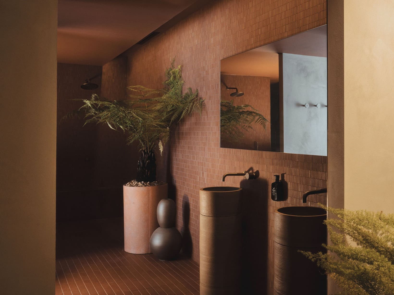 Capybara Bathing, Surry Hills, terracotta-tiled shower room with ferns and brass tapware