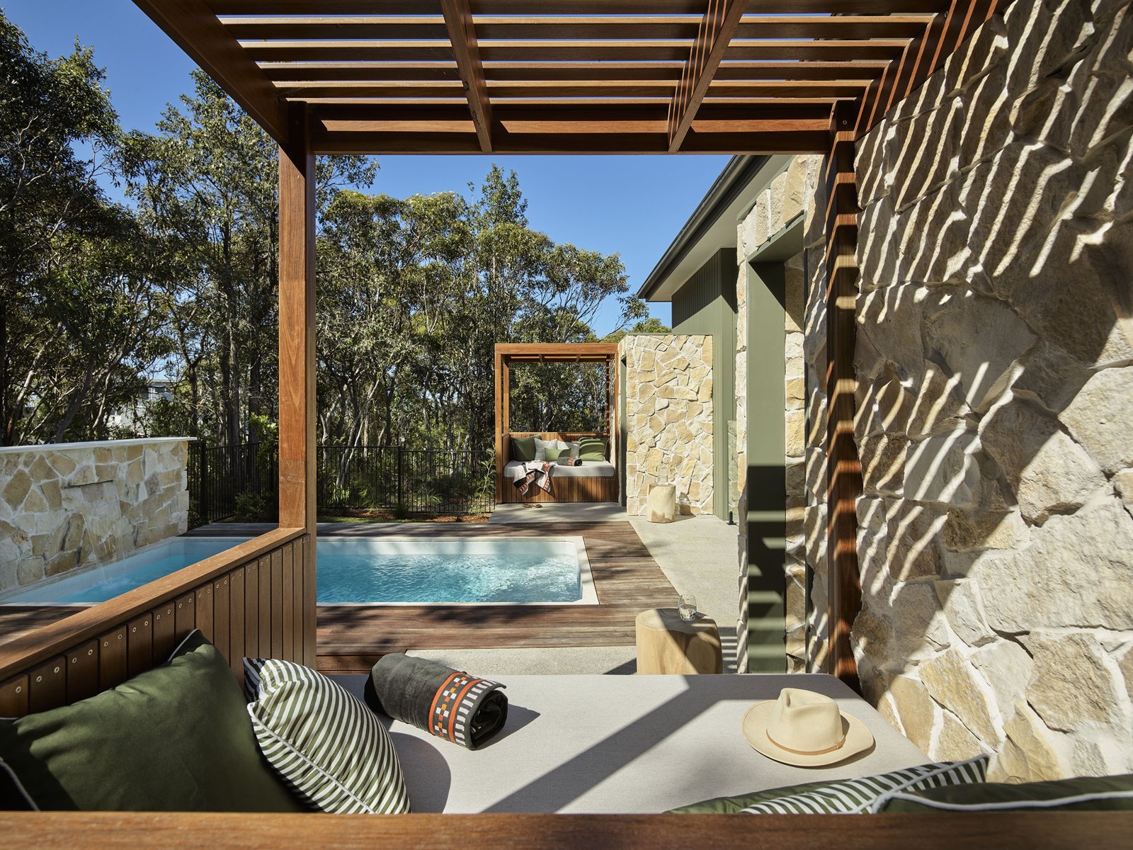Private plunge pool and daybed on a lodge terrace at Bells at Killcare, Killcare NSW