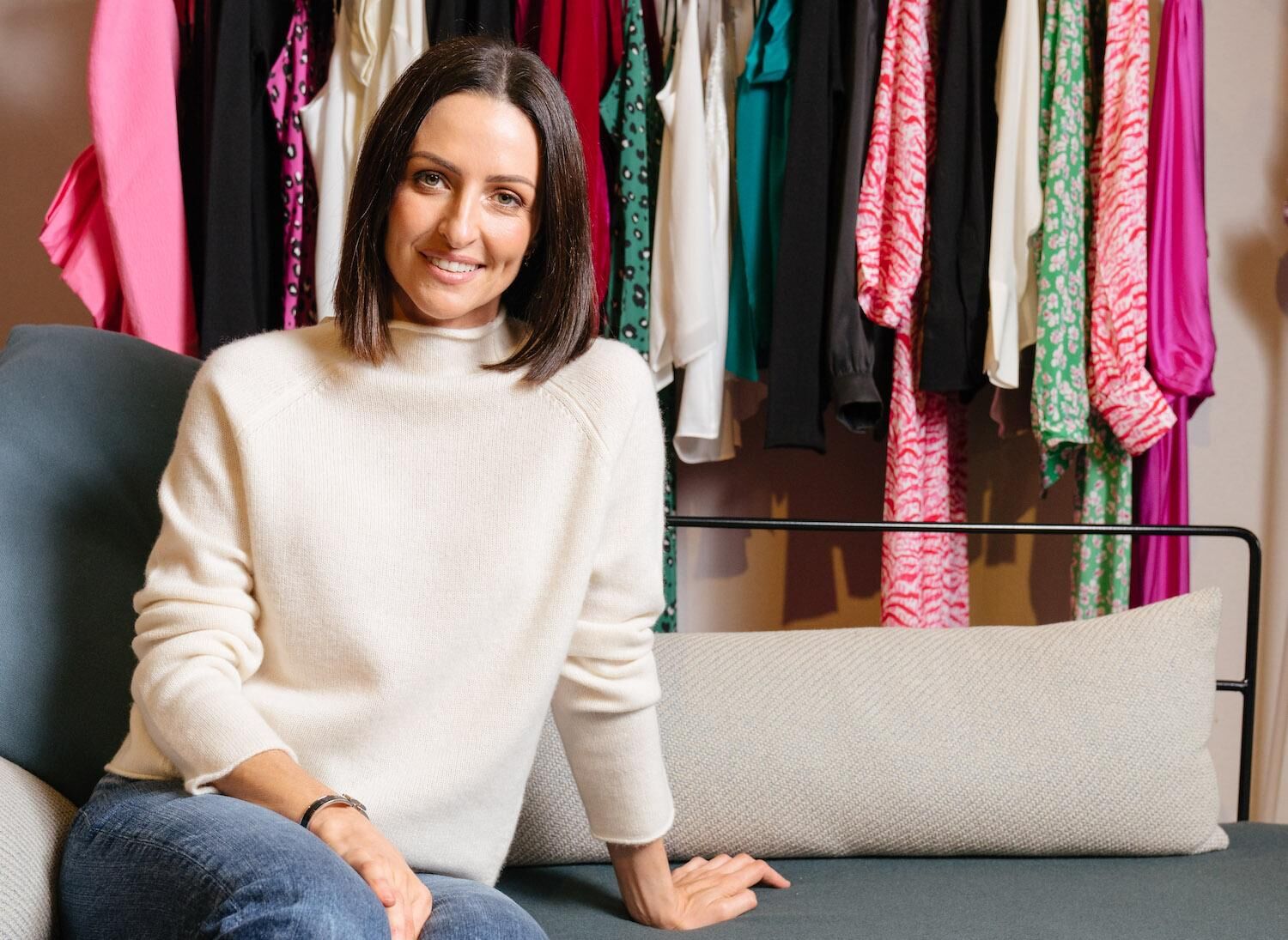 Amy Beeck, Perth fashion designer, posing with her two daughters Lulu and Scarlett in a styled setting