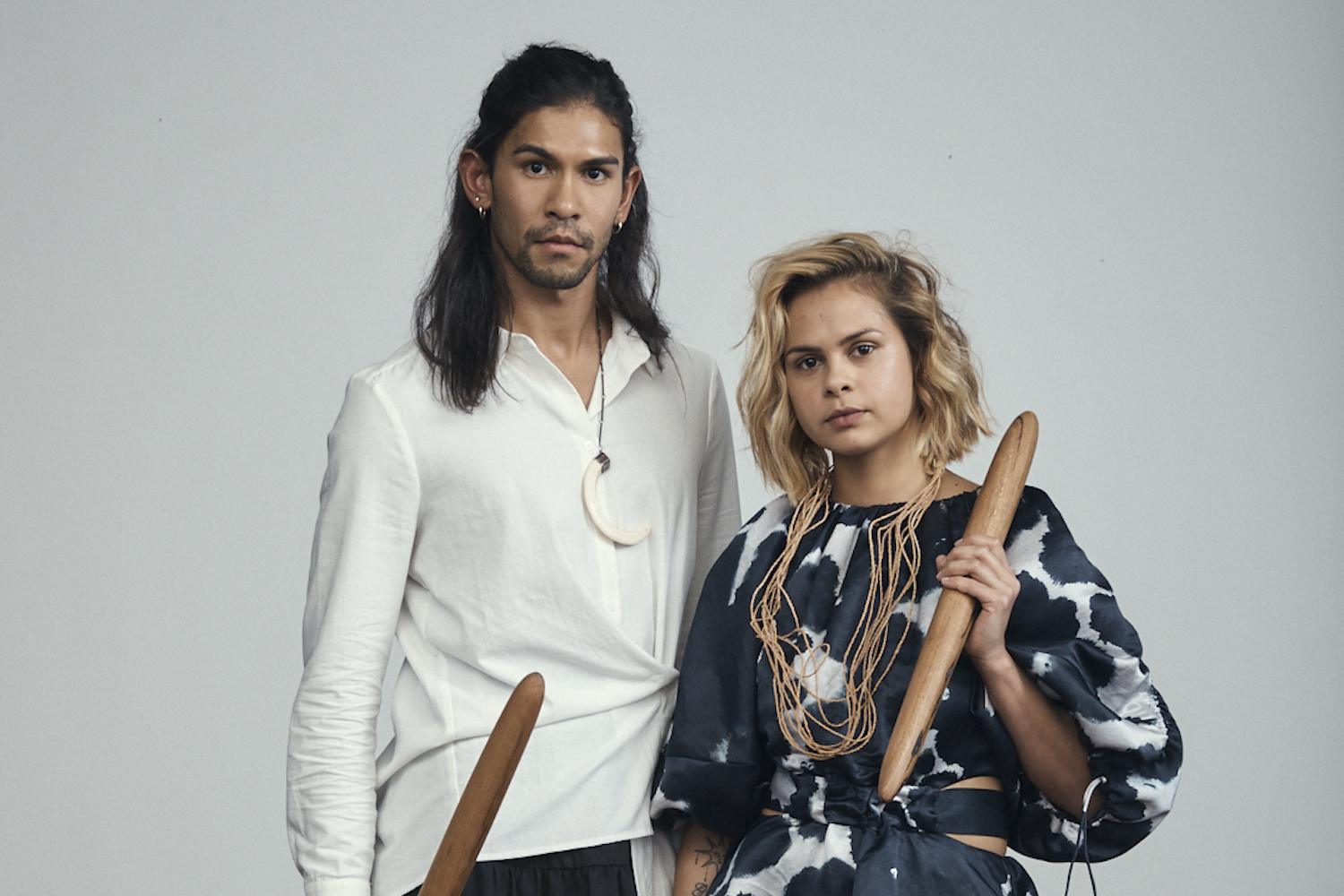 Indigenous dancers Tyrel Dulvarie and Lillian Banks performing with Bangarra Dance Theatre