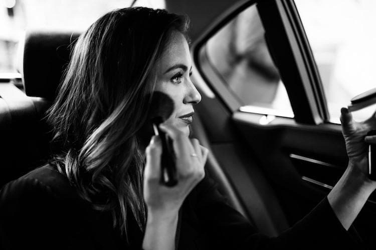 Sigourney Cantelo wearing Armani Power Fabric foundation and tailored Armani suit during editorial shoot