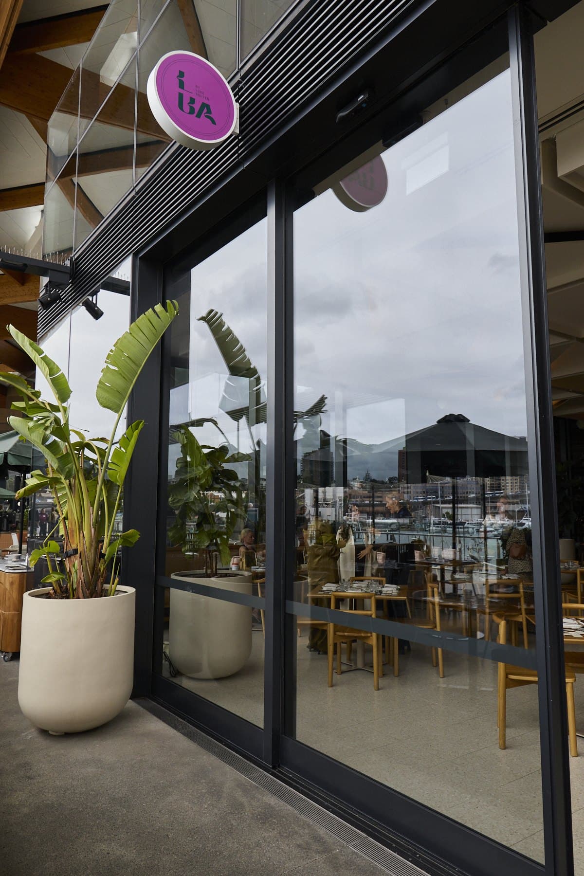 The glass front of Lua at Sydney Fish Market, with a potted plant and the purple Lua sign