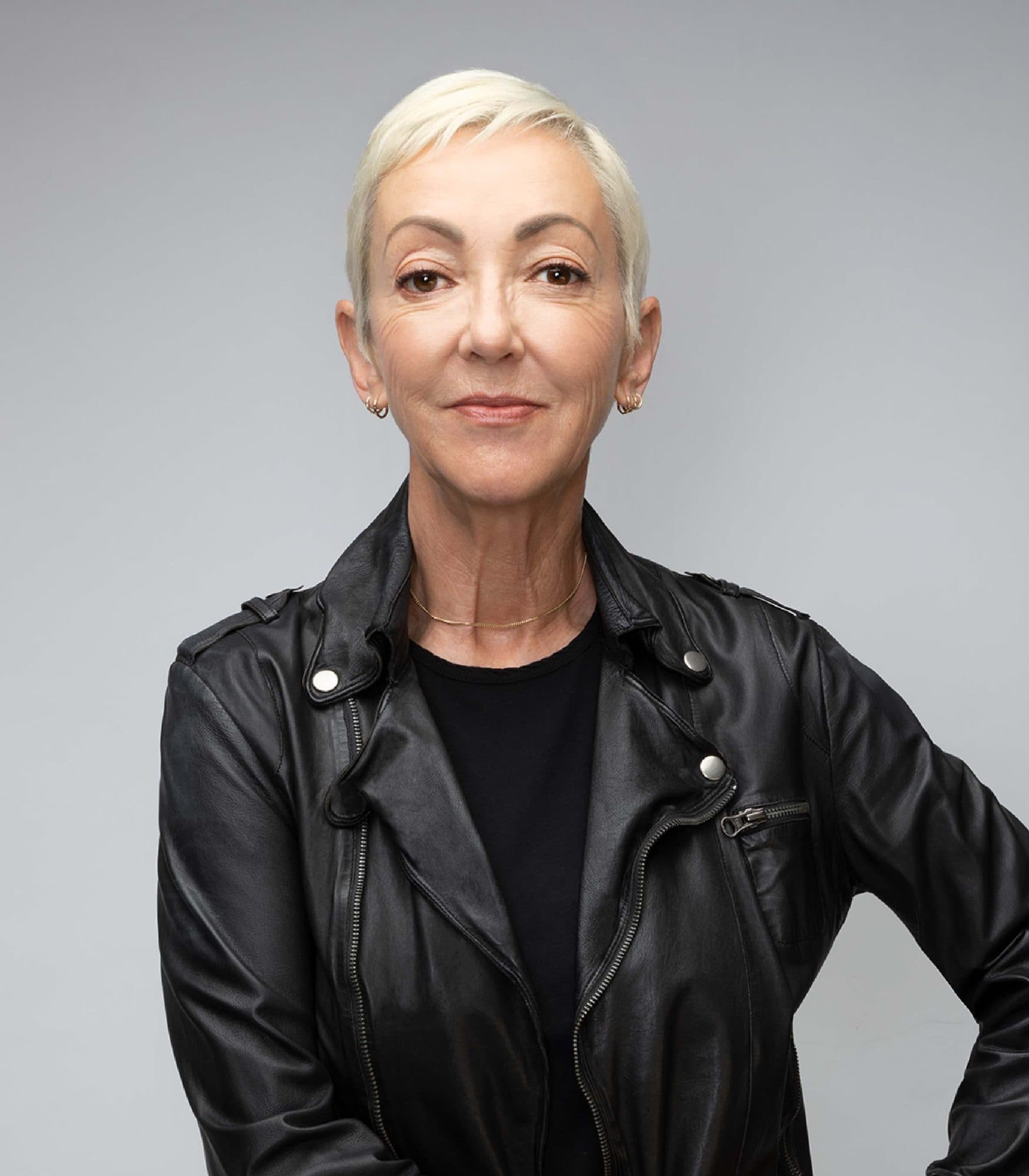 Jane Wurwand, founder of Dermalogica, in a black leather jacket, a Beautiful Inside by Beauticate podcast guest