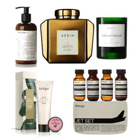  Le Labo The Noir 29 Body Lotion ; Aerin X WelleCo The Super Elixr ; Byredo Bibliothèque Candle ;  Jurlique Rose Duo; Aēsop Jet Set 