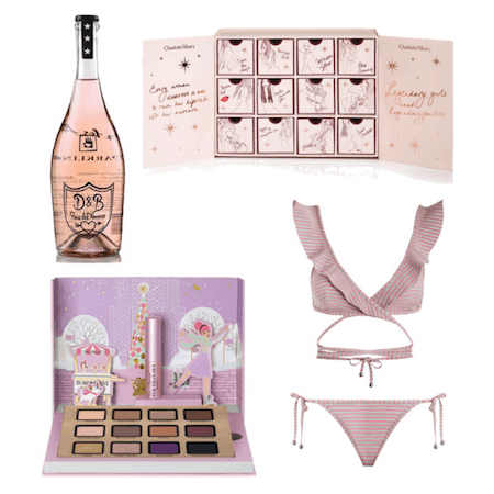  Pour Les Amore Rosè;   Charlotte Tilbury World Of Legendary Parties Advent Calender; Two Faced Merry Macarons Palette ; Zimmerman Caravan Stripe Wrap Bikini 