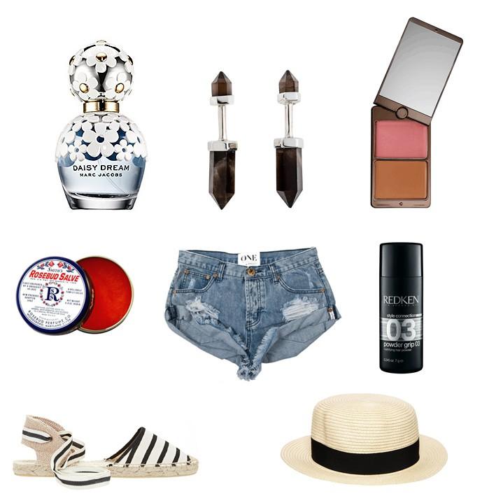 Marc Jacobs Daisy Dream Fragrance, MANIAMANIA Dagger Earings, Hourglass Illume Bronze Duo, Smith's Rosebud Salve, One Teaspoon Rocky Bandits Denim Shorts, Redken 03 Powder Grip, Soludos Classic Stripe Sandals and ASOS Straw Boater Hat.