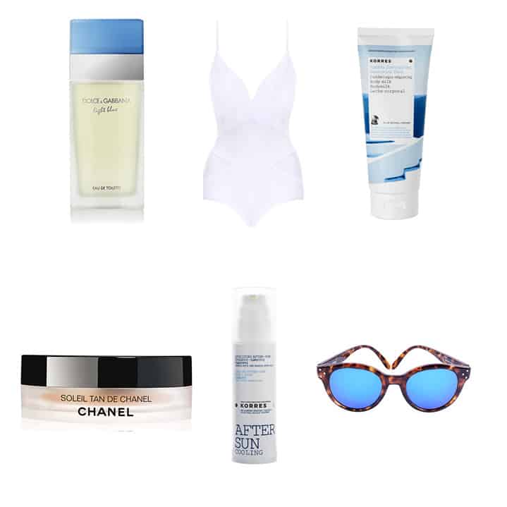 Dolce & Gabbana Light Blue Fragrance, Zimmermann Georgia One Piece Swimsuit, Korres Santorini Vine Body Milk, Chanel Soleil Tan De Chanel, Korres After Sun Yoghurt Cooling Gel, Spektre Vitesse Sunglasses