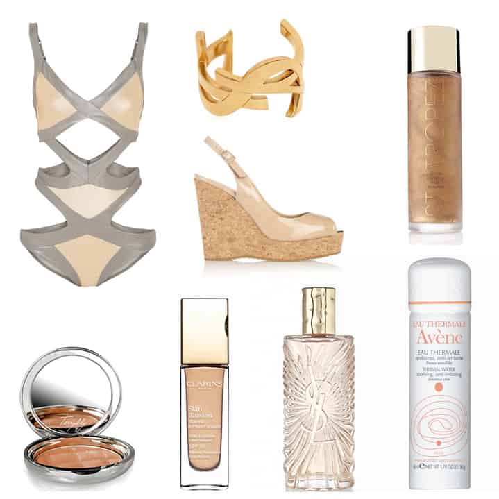 Agent Provocateur Mazzy Metals Swimsuit, Saint Laurent Monogrammed Cuff, St Tropez Dry Luxe Oil, Jimmy Choo Prova Wedges, By Terry Terrybly Soleil Bronzer, Clarins Skin Illusion Foundation, YSL Saharienne Fragrance, Avene Eau Thermale Spring Water