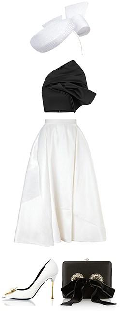 Nerida Winter Amber Back Bow Cocktail Hat, Matičevski Persistance Bustier And Trapeze Skirt, Nicholas Kirkwood White And Gold Point Heels, Alexander Mcqueen Black Bow Clutch