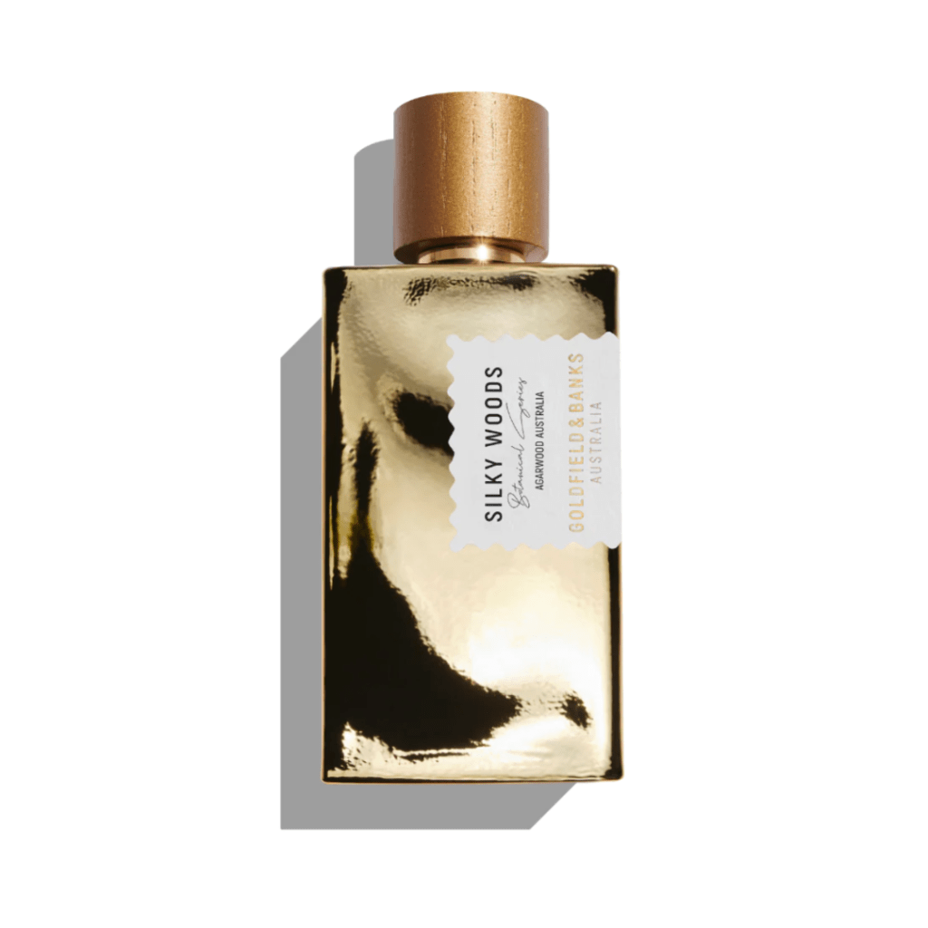 Goldfield and Banks Silky Woods fragrance styled as a Christmas gift