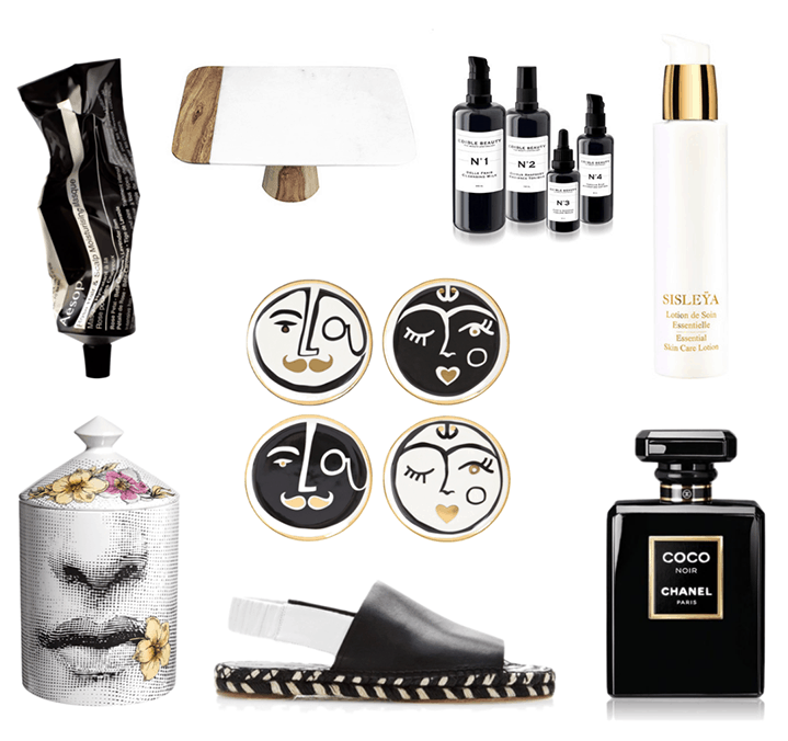 AESOP ROSE HAIR & SCALP MOISTURISING MASK , Madras Link Cake Stand , EDIBLE BEAUTY CORE FOUR , SISLEY SISLEYA ESSENTIAL SKINCARE LOTION , CHANEL COCO NOIR , Proenza Schouler Leather Espadrilles , FORNASETTI FIOR DI BACIO LILY OF THE VALLEY , JASMINE, TUBEROSE AND SANDALWOOD SCENTED CANDLE, JONATHAN ADLER MARSEILLES COASTERS ,