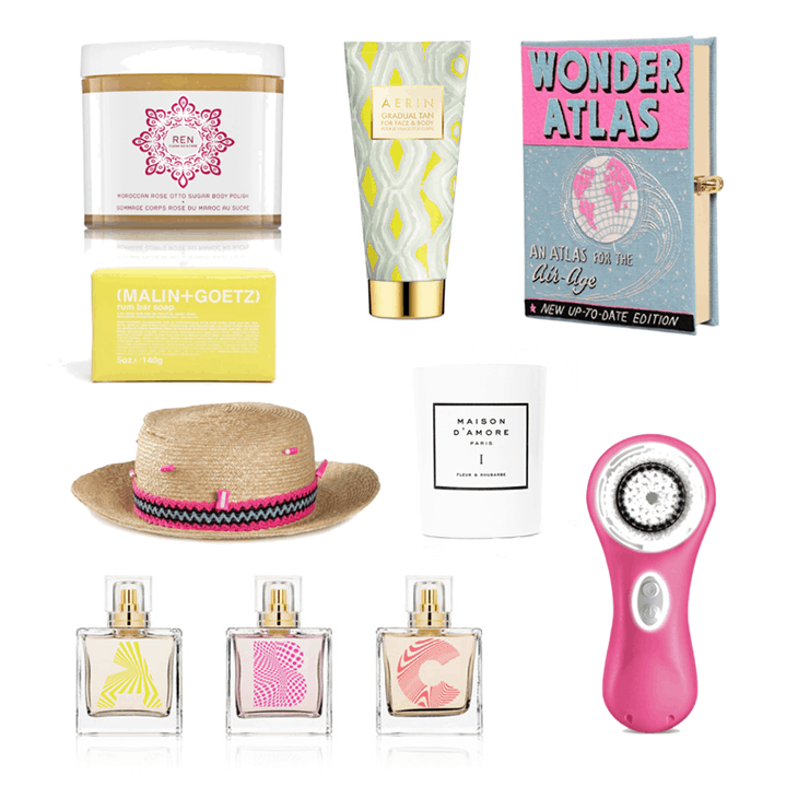 Ren Moroccan Rose Otto Sugar Body Polish , Aerin Beauty Limited Edition Gradual Tan for Face and Body , Olympia Le-Tan Wonder Atlas Embroidered Book Clutch , Malin + Goetz Rum Bar Soap , Olympia Le-Tan Woven Boater Hat , Maison D’Amore Fleur & Rhubarbe Candle , Karen Walker ABC Eau De Parfum , CLARISONIC MIA 2