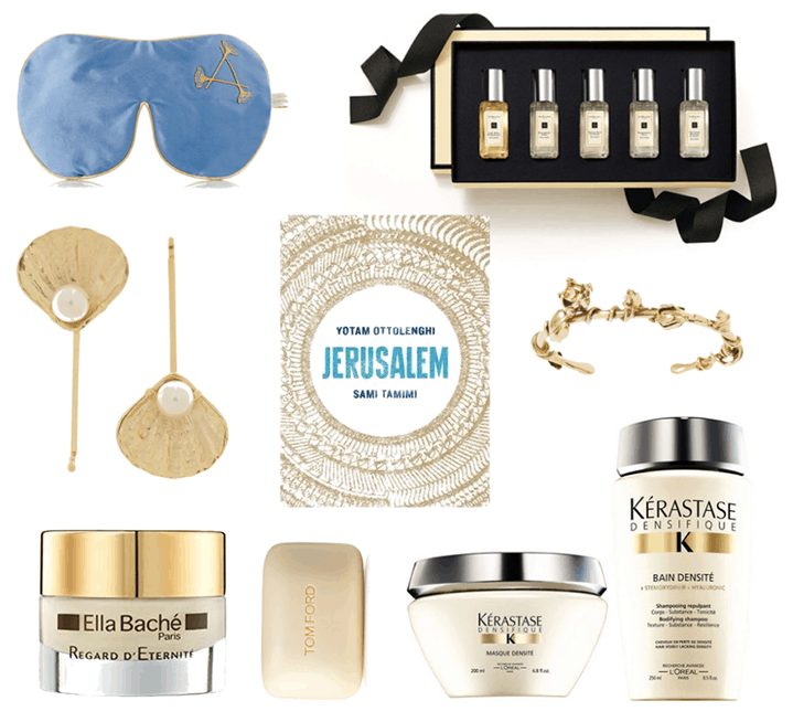 Aromatherapy Associates Relax Eye Mask , Jo Malone Cologne Collection , Rosantica Profondo Gold Tone Pearl Hair Slides , Jerusalem by Yotam Ottolenghi and Sammi Tamimi , Aurelie Bidermann Majorelle Gardens Bracelet , Ella Bache Regard d’Eternite Eye Cream , Tom Ford Soap , Kerastase Densifique Bain and Masque Densité plus Mother’s Day Gift Pack