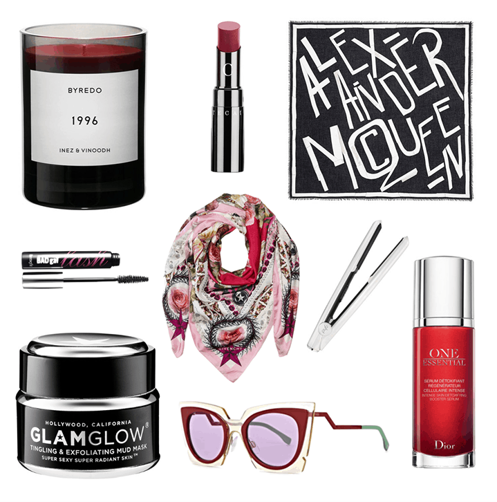 Byredo 1996 Candle , Chantecaille Lip Chic Lipstick in Amaryllis , Alexander MqQueen Scarf , Benefit Bad Gal Lash Mascara , Givenchy Scarf , GHD Opal, Glam Glow mud mask , Fendi SUNGlasses , Dior One Essential