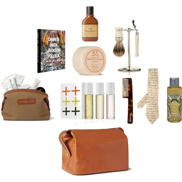 C.O. Bigelow Bay Rum Aftershave Balm , Assouline Dinner with Jackson Pollock , D R Harris Sandalwood Shaving Cream , D R Harris Shaving Set , Baxter of California Grooming Set and Want Les Essentiels De La Vie Wash Bag , Malin + Goetz Perfume Oil Kit , Tom Ford Beard Comb , Hermes Vintage Rabbit Print Tie , Sisley Huile Bain Eau de Campagne , Kingsman + Swaine Adeney Brigg Leather Wash Bag