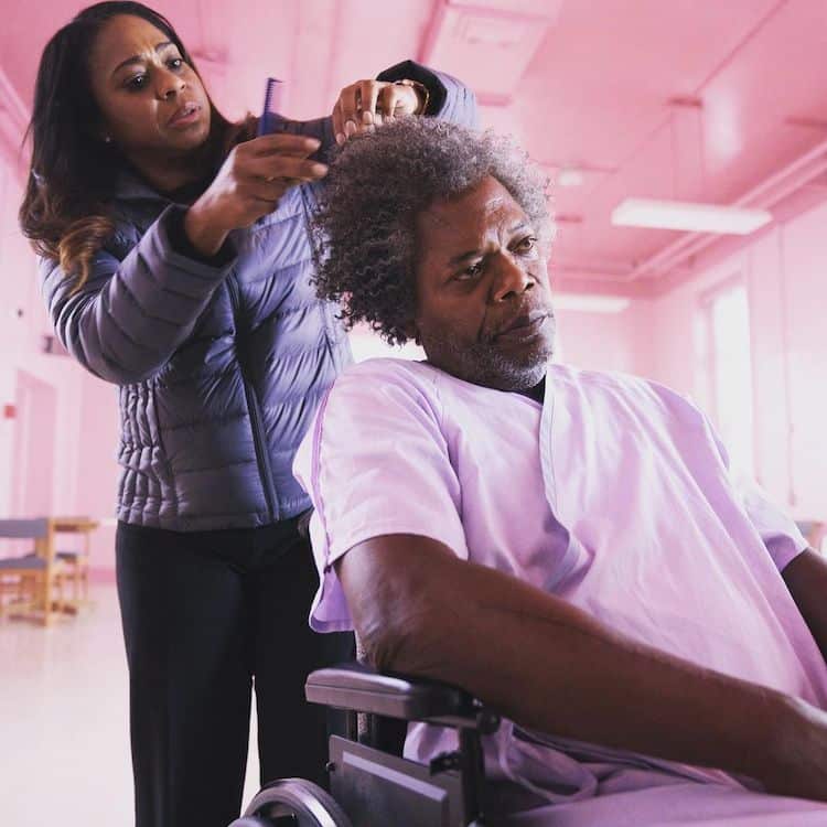 Camille Friend and Samuel L. Jackson on the set of Mr Glass