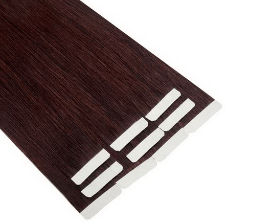 Tape-in hair extension wefts sandwiched around a fine layer of natural hair