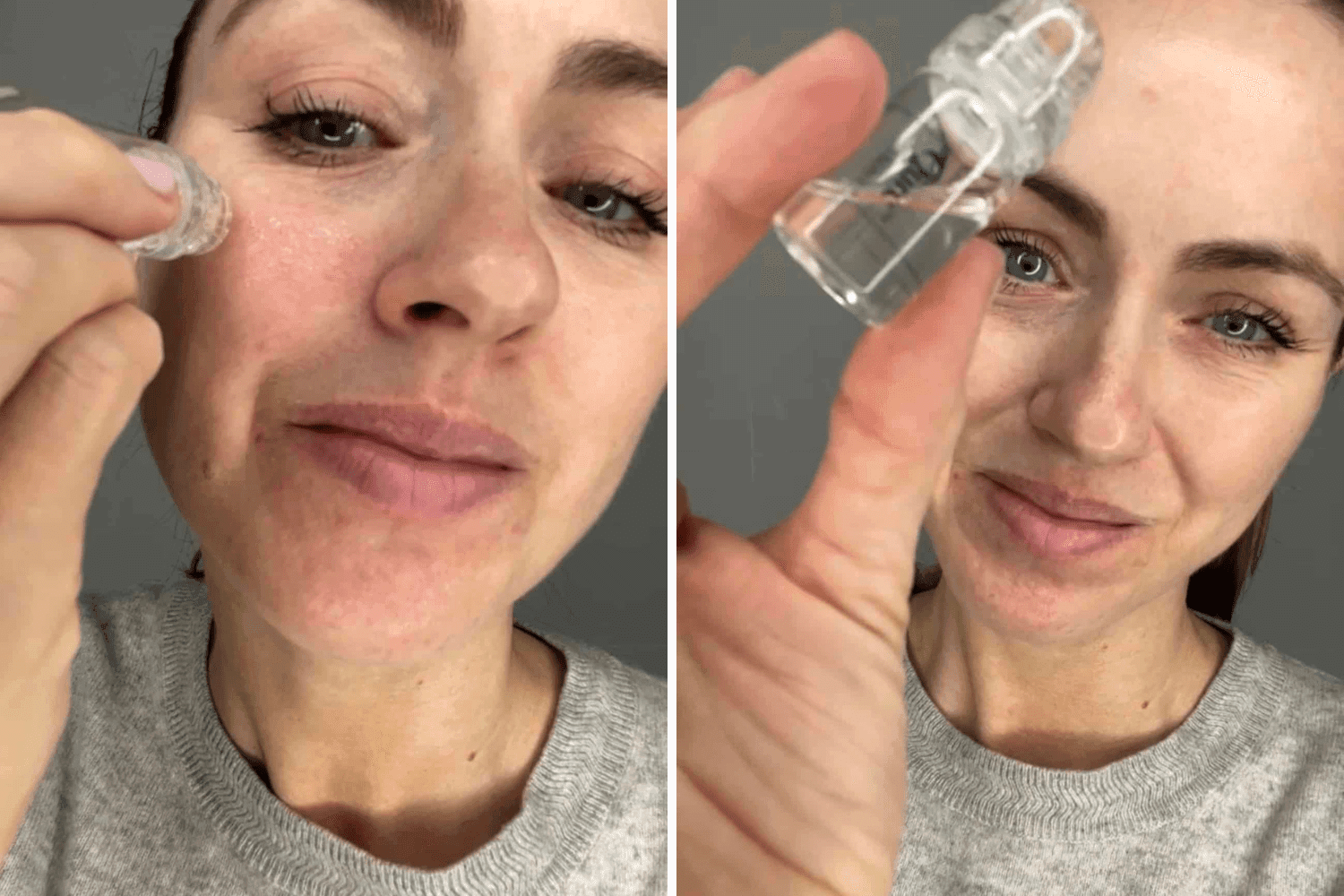 Sigourney Cantelo applying Qure micro-infusion treatment to her face