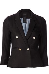 Smythe College double-breasted blazer accessorised with a minimal pendant and belt