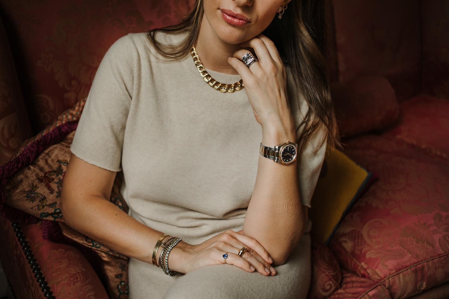 Olivia Bond wearing fine jewellery, portrait photograph by Alice Mahran