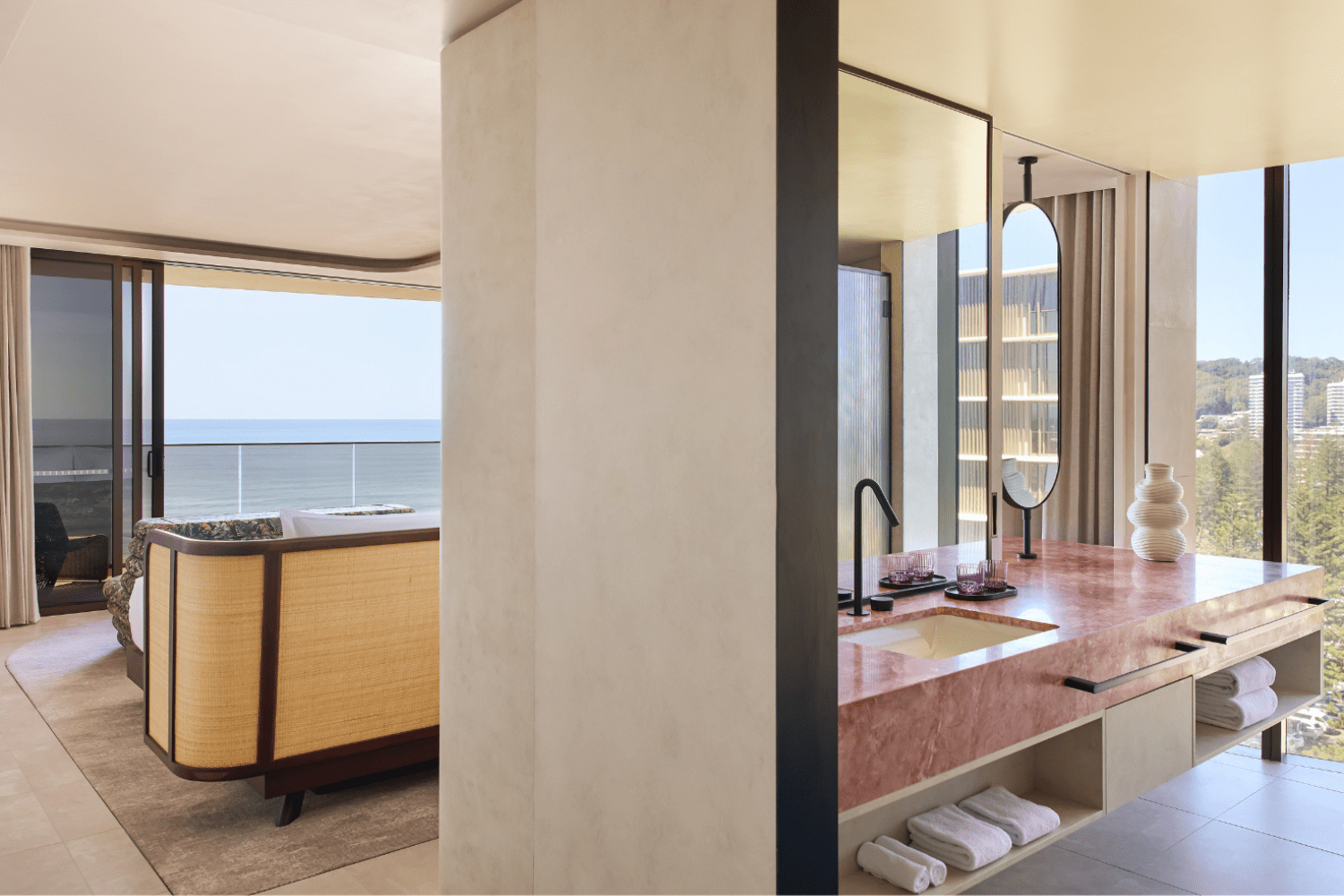 Life Cykel functional mushroom tinctures styled on marble coffee table at Mondrian Gold Coast suite