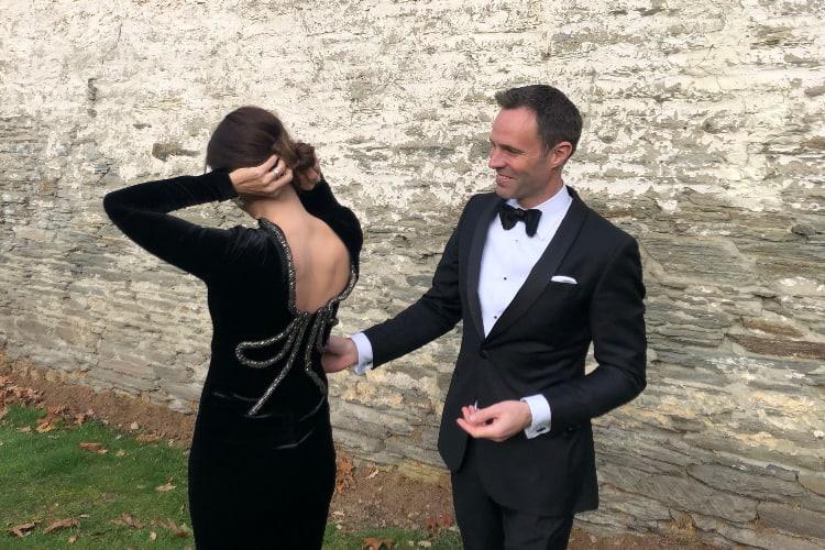 Damien and I at the wedding. Dress is by Rachel Gilbert
