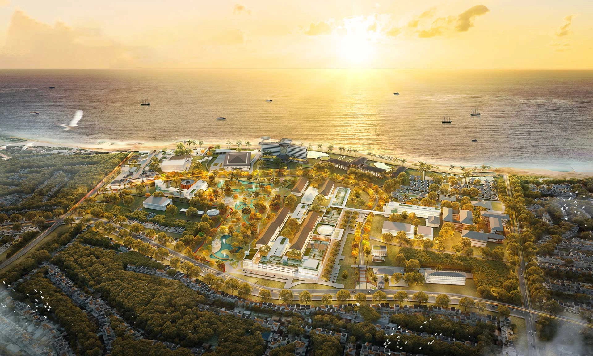 An aerial or architectural rendering of the Sanur Health Special Economic Zone development along the coastline