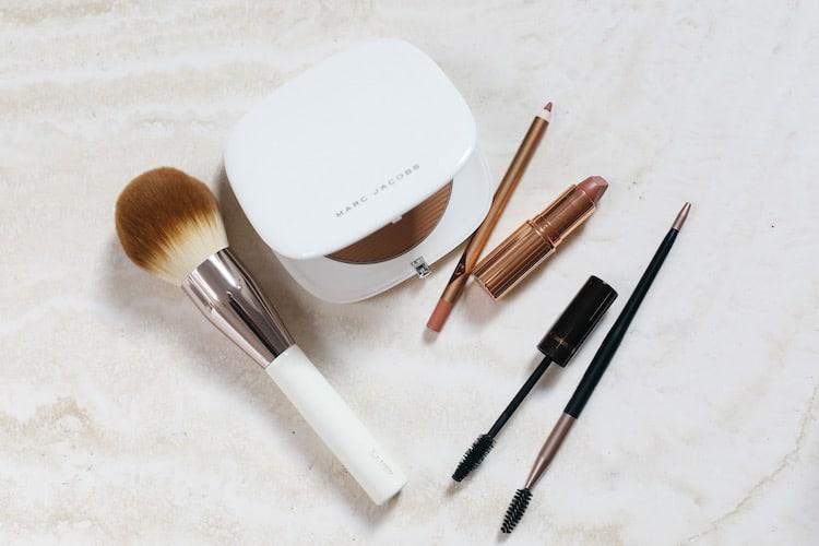 LA MER THE POWDER BRUSH, Marc Jacobs O!MEGA Bronze, Charlotte Tilbury Pillow Talk lipstick and lip contour, Charlotte Tilbury mascara, Manicare Precision Brow Duo Brush