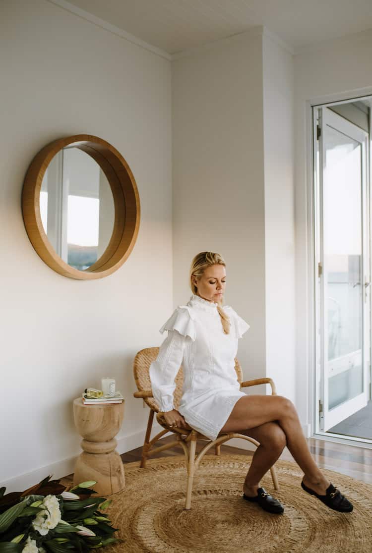 DRESS BY SIR THE LABEL, CHAIR FROM SATARA, RUG FROM ARMADILLO, STUMP FROM GLOBEWEST