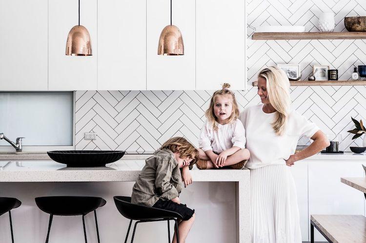 PENDANT LIGHTS FROM DUNLIN, HAY ABOUT A STOOL CHAIR FROM CULT, KRISTIN WEARS CHRISTOPHER ESBER, BILLIE WEARS PRINTEBEBE, CANDLE AND FRAMES FROM COUNTRY ROAD