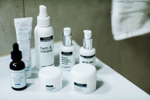 DMK skincare products: herb and mineral, vitamin C serum, beta gel