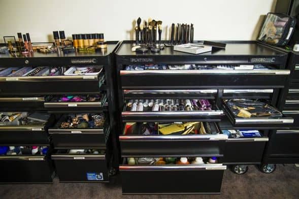 Rae Morris's professional makeup kit with drawers open