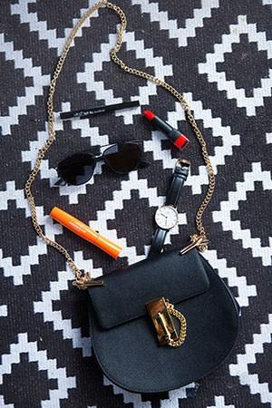 Her Favourite Makeup Staples Spill from Her Chloe Bag, Along with Dior Sunnies and a Chic Watch