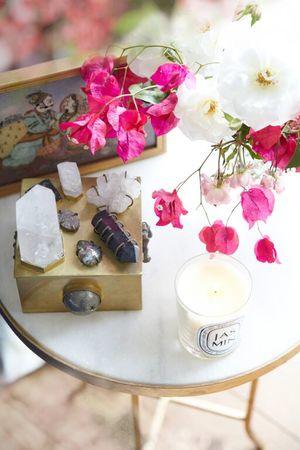Healing Crystals, Pretty Blooms And A Sweetly Scented ‘Jasmin’ Candle By Diptyque Take Pride Of Place