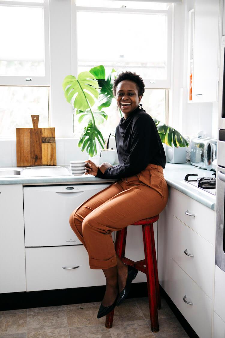 Aminata wears Oroton Tab Detail Pants