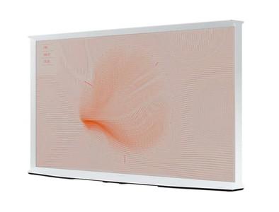 Samsung The Serif TV displaying a nature Ambient Mode screen in a styled living room