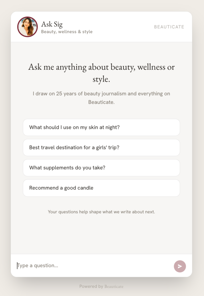 Ask Sig, Beauticate's AI beauty and wellness concierge, on screen